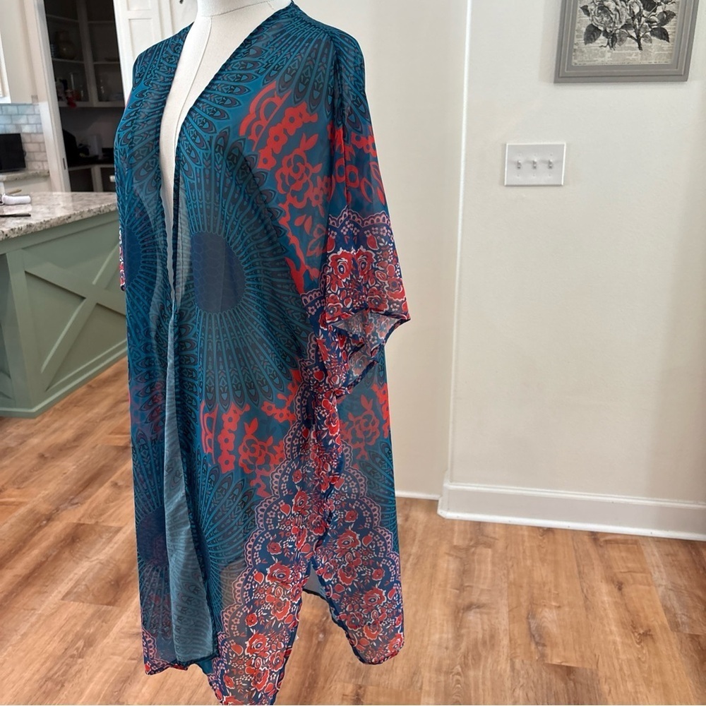 Women's Large Sheer Long Kimono Teal Blue Orange Boho Overlay Casual Flowy Top - Picture 6 of 7